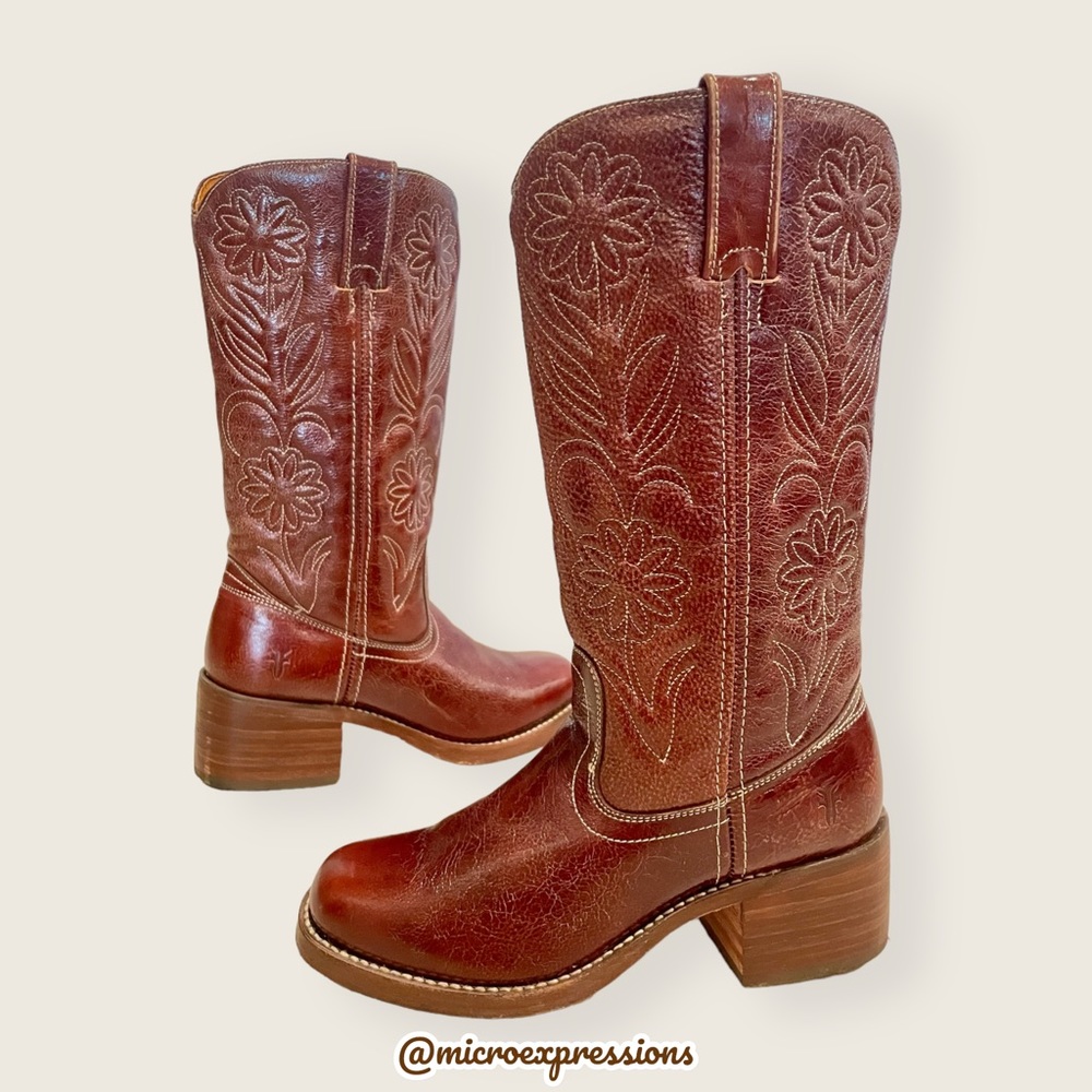 RARE 1960s Frye Vintage Embroider Brown Campus Western Cowboy Floral Stitch Boot - Picture 15 of 15